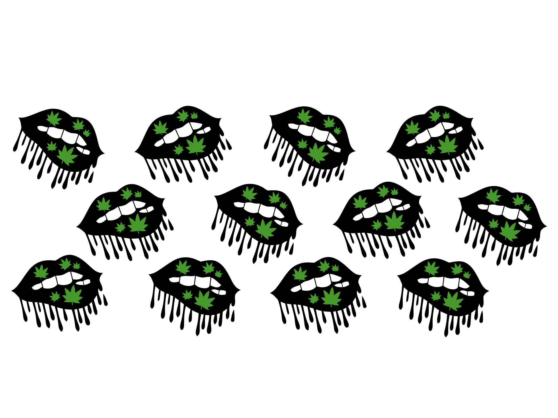 Repeating pattern of lips with cannabis leaf design on a white background