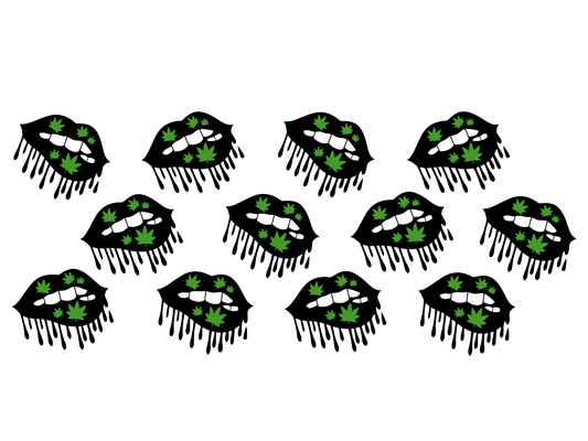 Repeating pattern of lips with cannabis leaf design on a white background