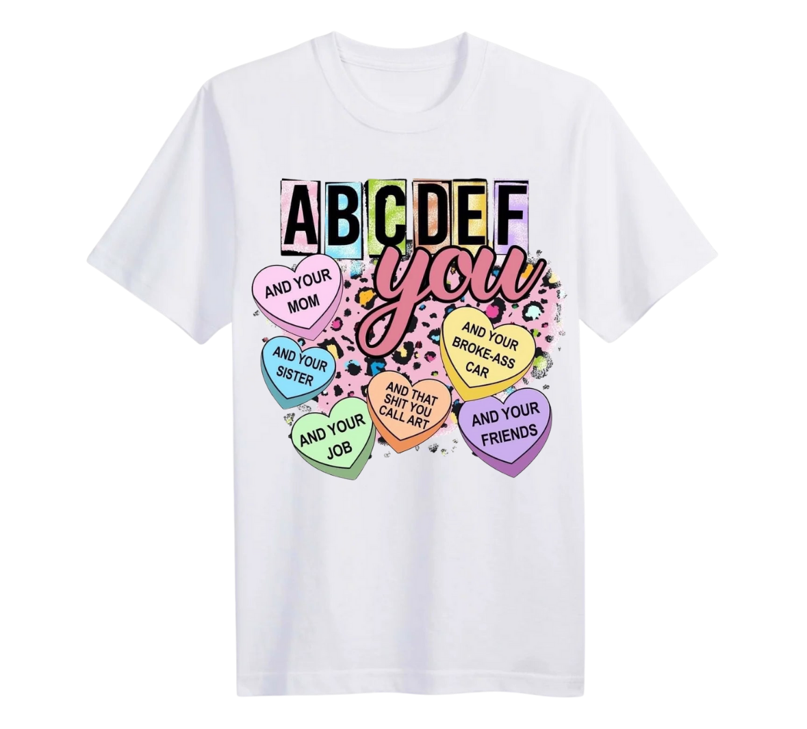 White t-shirt with colorful text and heart-shaped graphics on a white background
