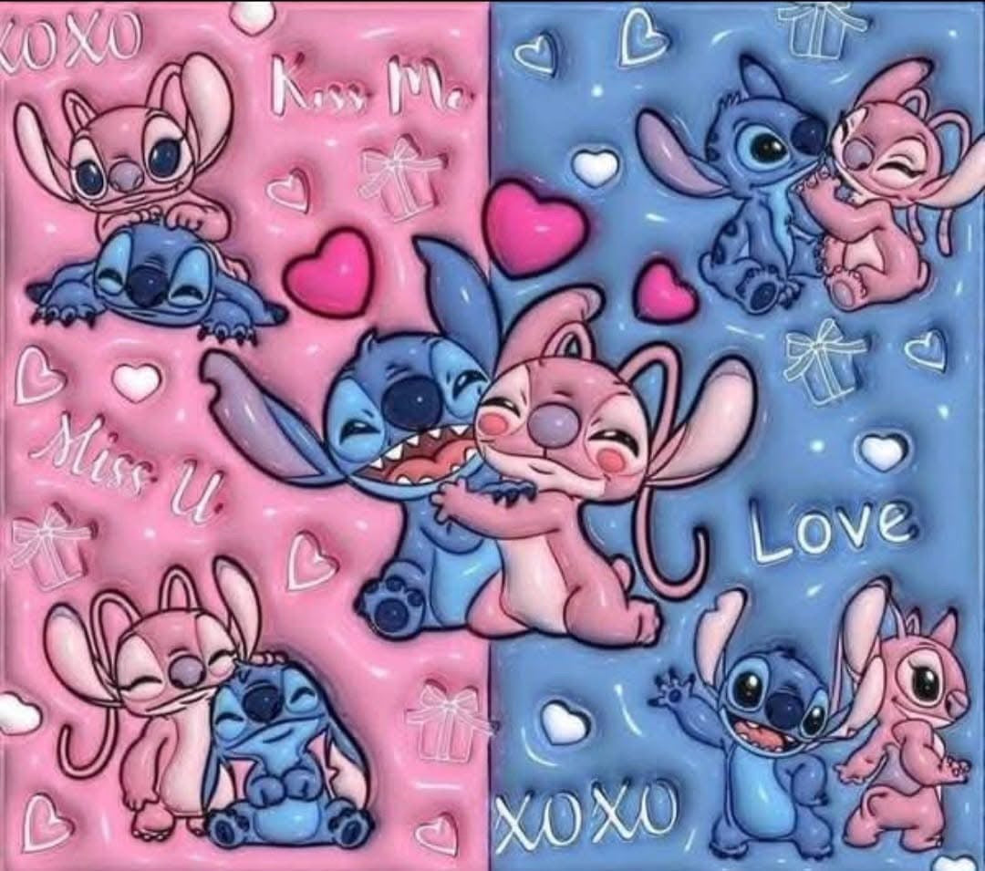 Cartoon characters on a pink and blue background with hearts and text.