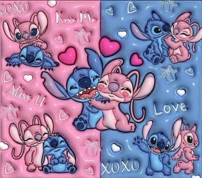 Cartoon characters on a pink and blue background with hearts and text.