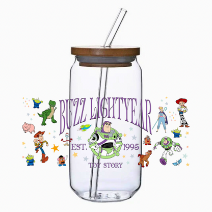 Clear tumbler with the Astro Squad Ranger surrounded by stars and cartoon characters cup wrap on a white background