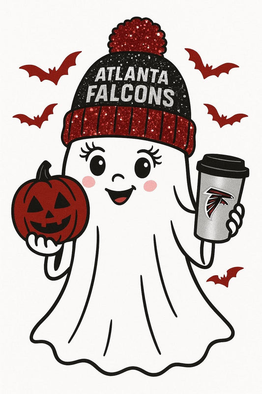 Ghost character wearing an Atlanta beanie with pumpkins and a coffee cup, surrounded by bats.
