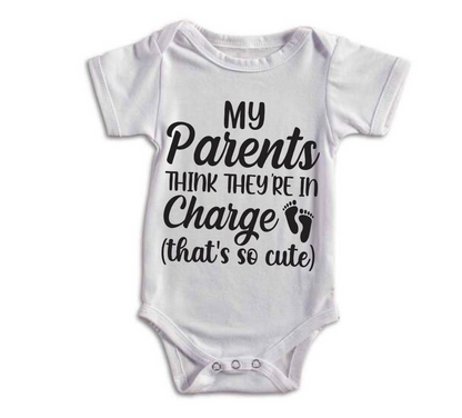 White baby onesie with black text on a white background