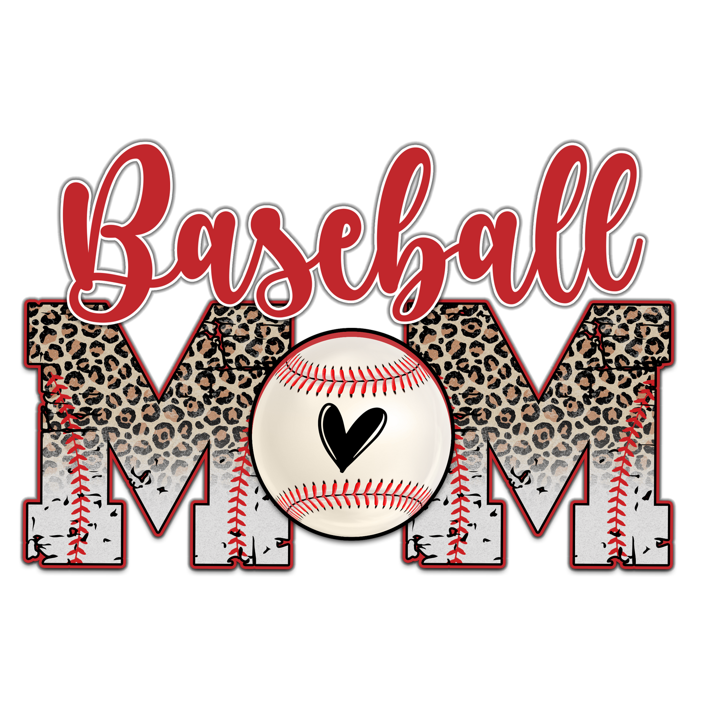 Decorative design with 'Baseball Mom' text featuring a baseball and leopard print design on a white background.