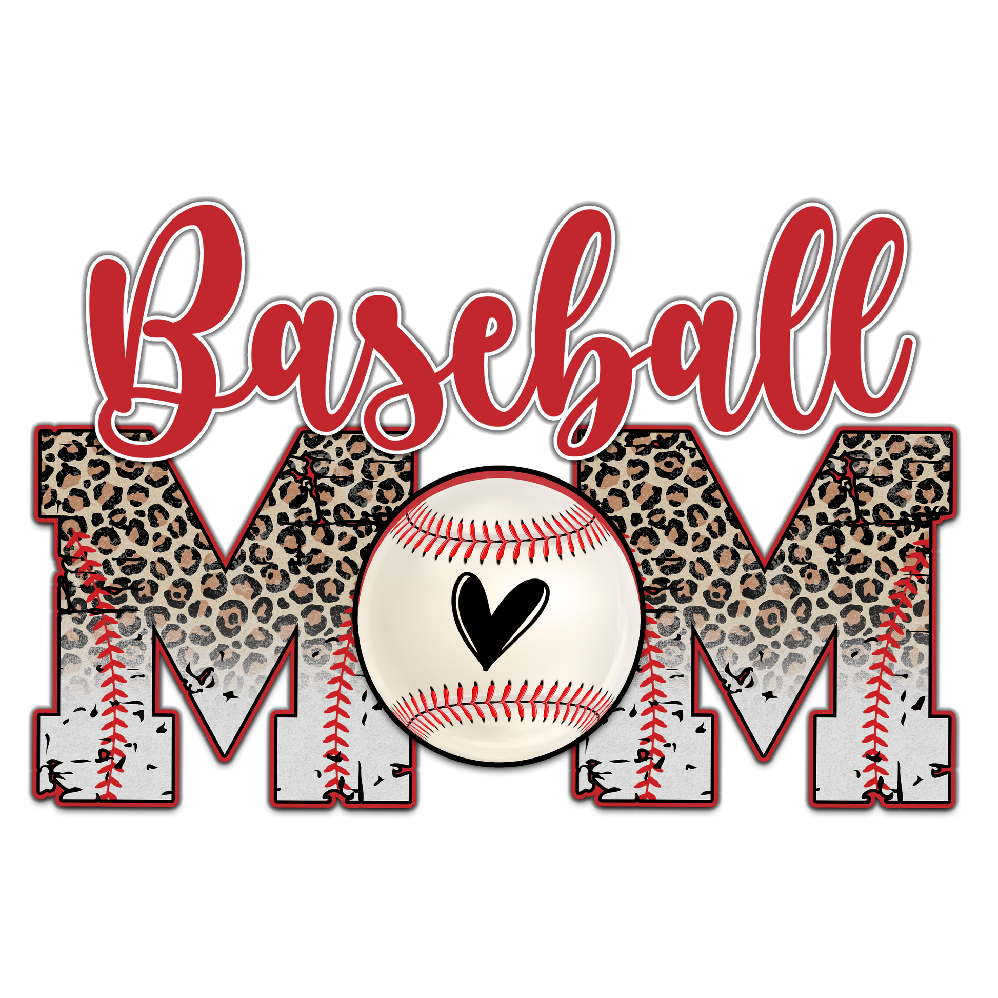 Decorative design with 'Baseball Mom' text featuring a baseball and leopard print design on a white background.
