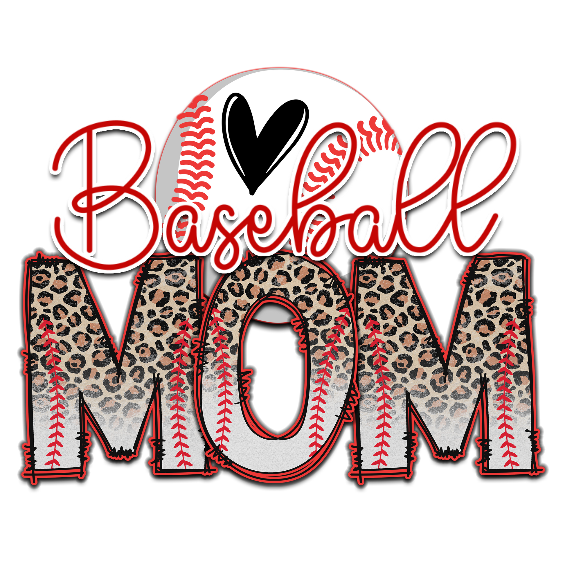 Design with 'Baseball Mom' text featuring a heart and baseball pattern on a white background