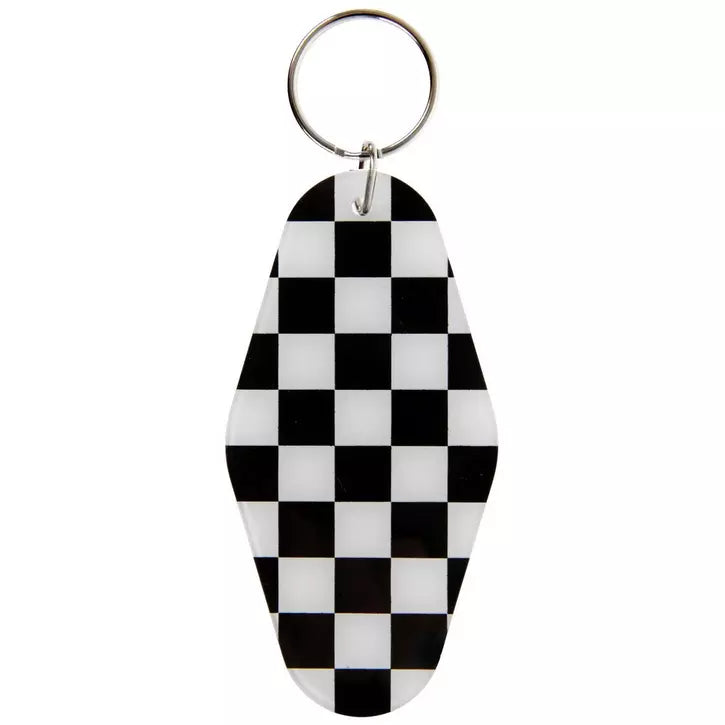 Black and white checkered keychain on a white background