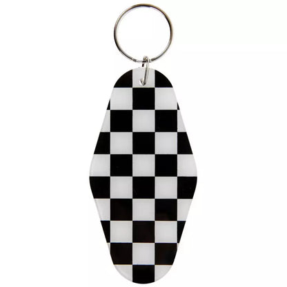 Black and white checkered keychain on a white background