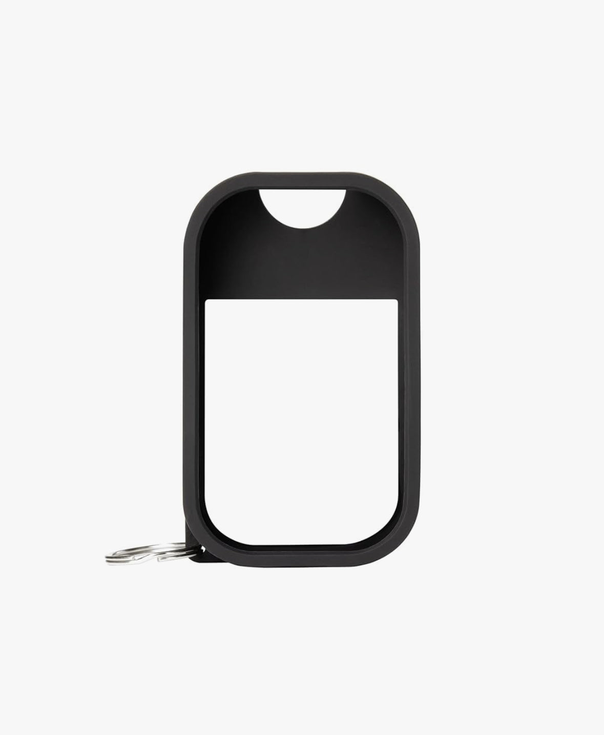 Black hand sanitizer keychain case on a white background