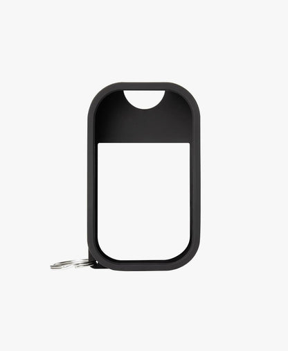 Black hand sanitizer keychain case on a white background