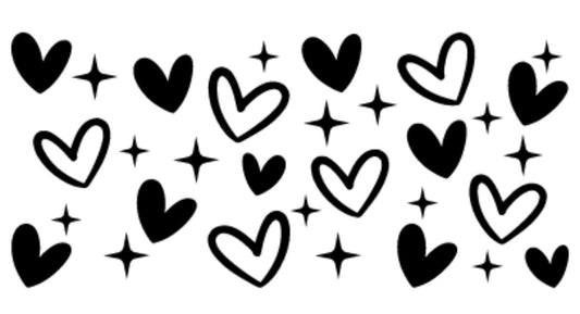 A collection of black heart and star shapes in various sizes arranged in a pattern on a white background.