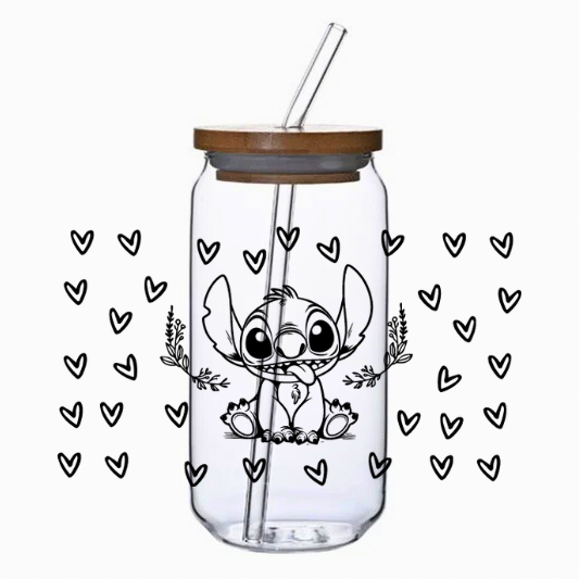 Glass tumbler with straw and lid featuring a cartoon character surrounded by hearts on a white background.