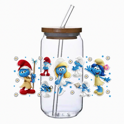 Glass tumbler with bamboo lid and straw featuring blue forest friends characters on a white background