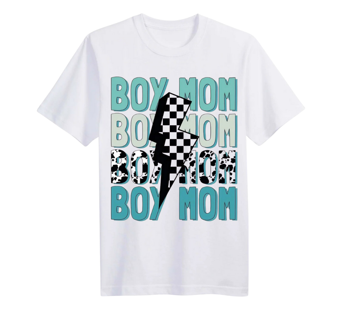 White t-shirt with 'BOY MOM' text and checkered pattern on a white background