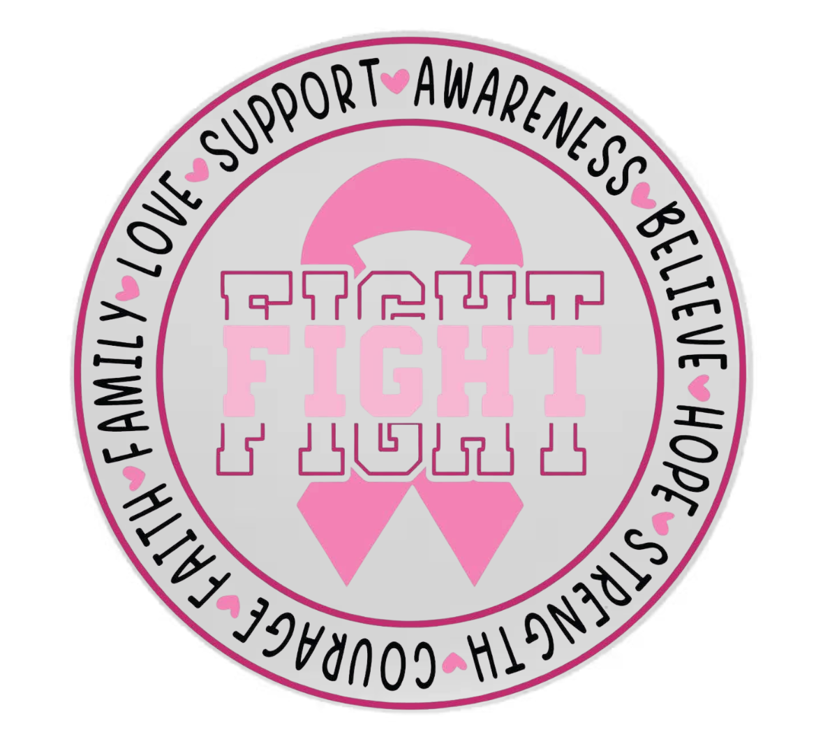 Pink and white circular coaster with motivational text and a pink ribbon on a white background