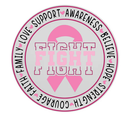 Pink and white circular coaster with motivational text and a pink ribbon on a white background