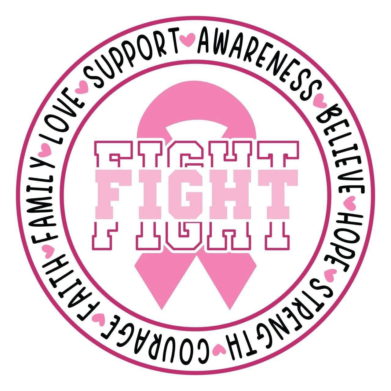 Pink ribbon with 'Fight Fight Fight' text and motivational phrases on a white background