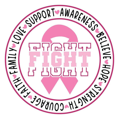 Pink ribbon with 'Fight Fight Fight' text and motivational phrases on a white background