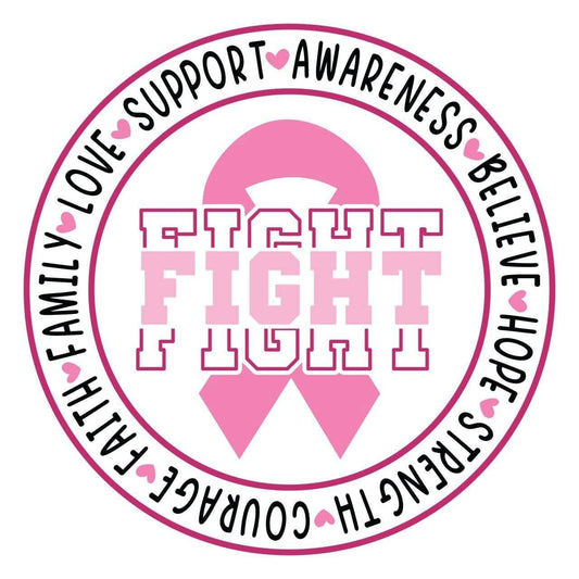 Pink ribbon with 'Fight Fight Fight' text and motivational phrases on a white background
