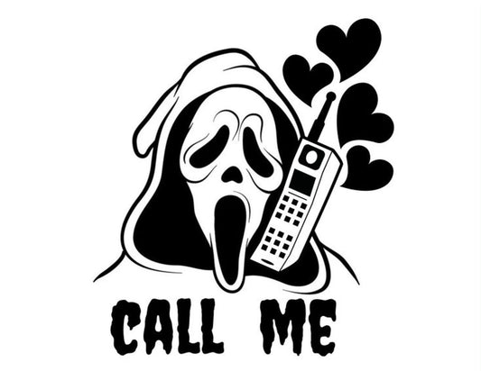 Stylized ghost with a phone and hearts, text 'Call Me' on a white background