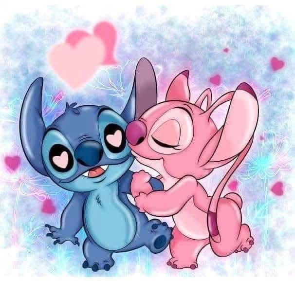 Cartoon characters hugging with a heart in the background