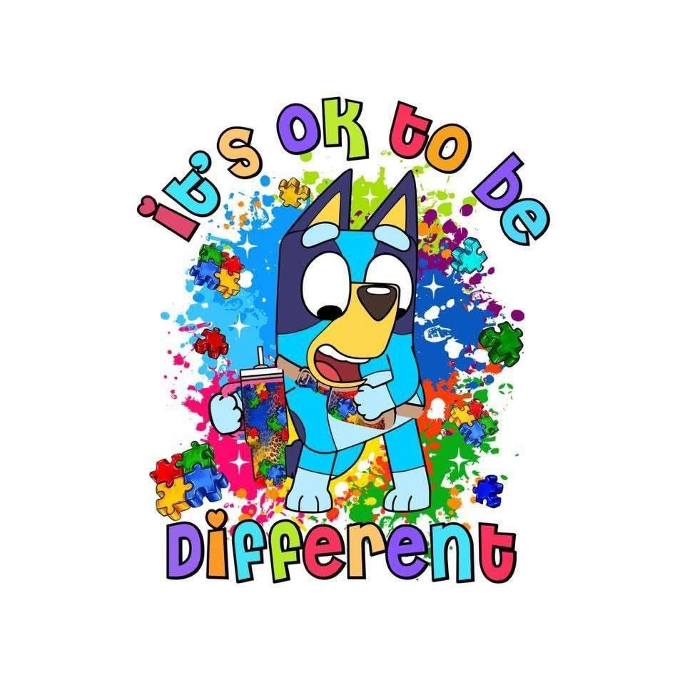 Cartoon character with colorful text 'It's Ok to be Different' on a white background