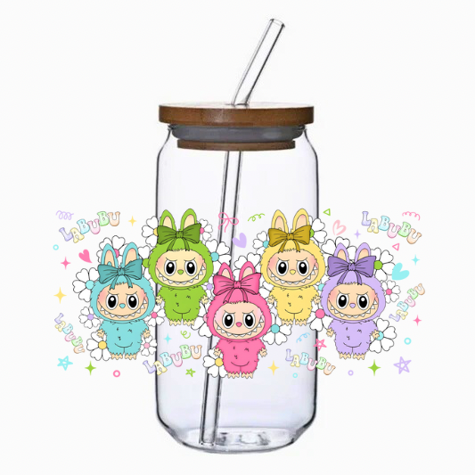 Clear tumbler with daisies and colorful pastel cartoon characters and colorful design on a white background