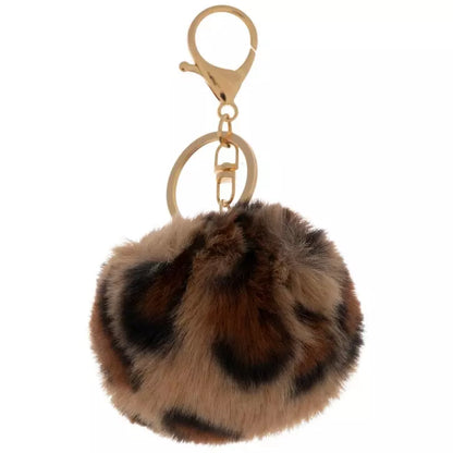 Leopard print fluffy keychain with gold clasp on a white background