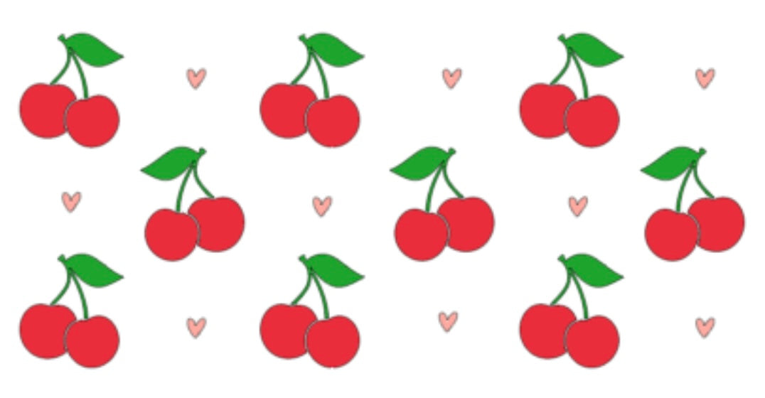 A pattern of red cherries with green leaves and pink hearts on a white background