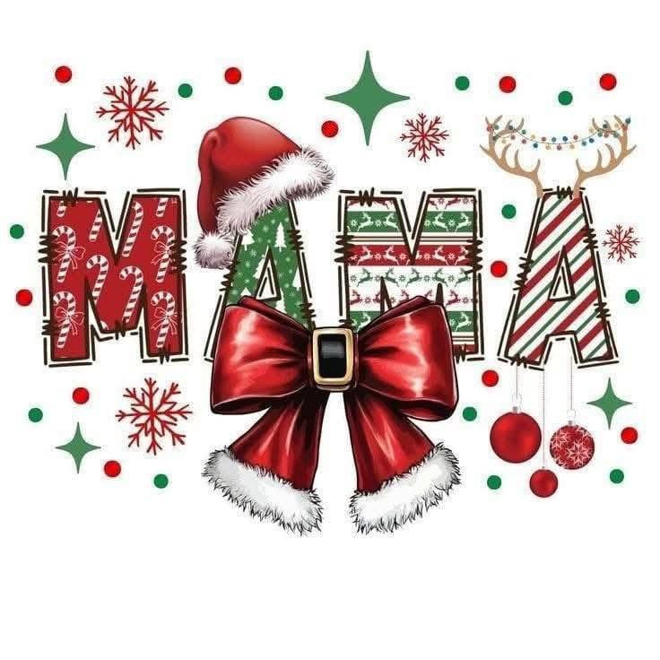 Christmas-themed decorative text with 'MAMA' surrounded by festive elements on a white background.