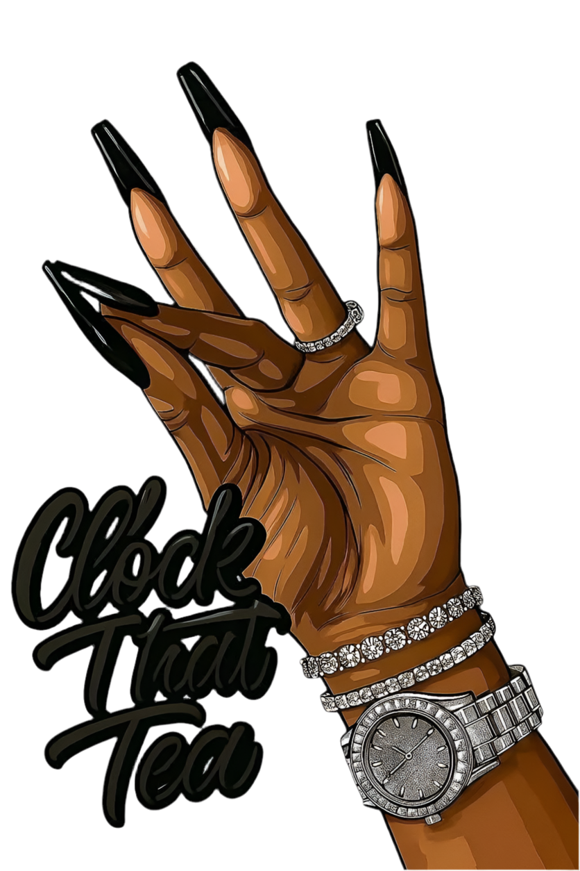 Illustration of a hand with jewelry and 'Clock That Tea' text on a white background