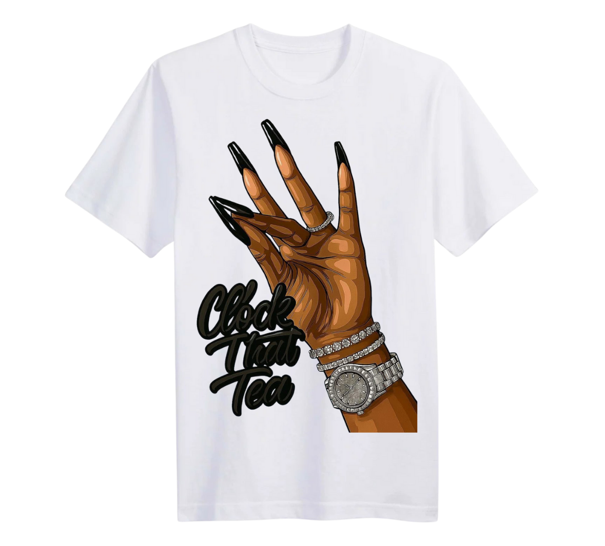 White t-shirt with a graphic of a hand with a ring and 'Clock That Too' text on a white background