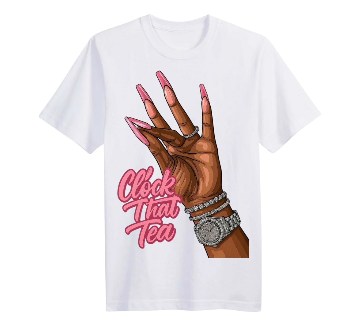 White t-shirt with a graphic of a hand with pink nails and 'Clock That Tea' text on a white background