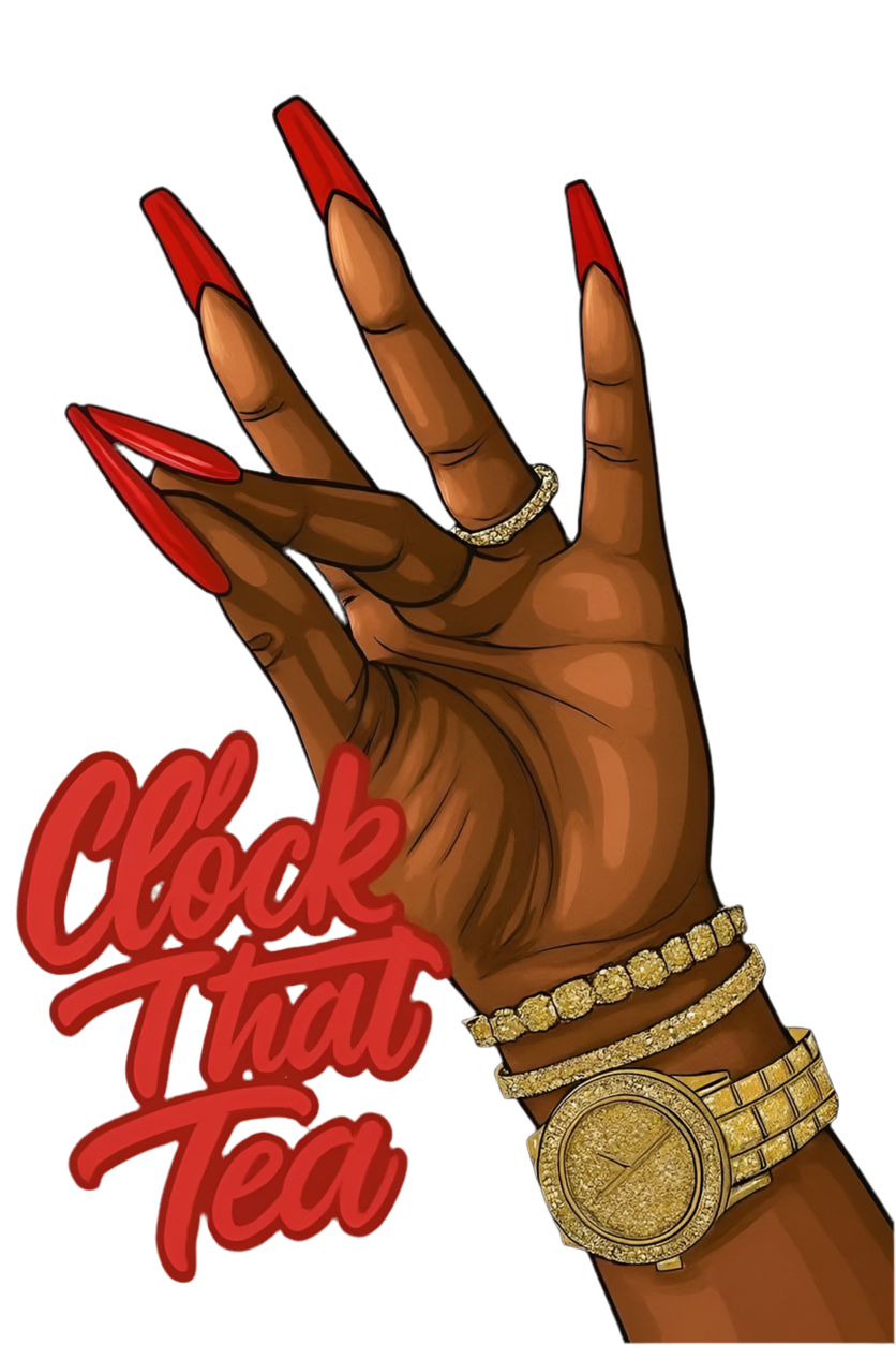 Illustration of a hand with red nails and gold jewelry, with the text 'Clock That Tea' on a white background.