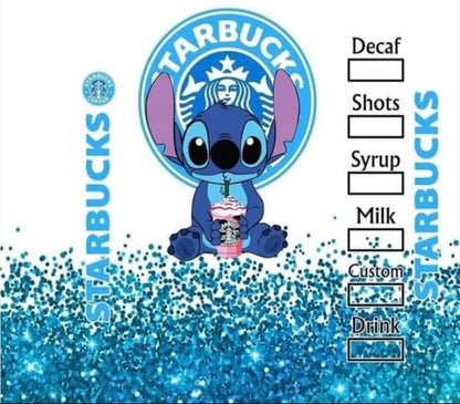 Cartoon character holding a drink with customizable options on a blue glittery background