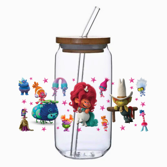 Clear tumbler with bamboo lid and straw, surrounded by colorful characters on a white background