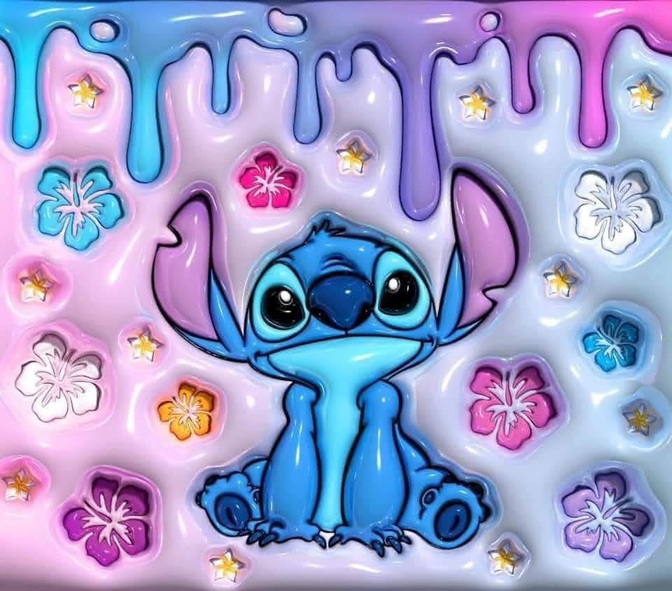 Cartoon character with a colorful background featuring flowers and drips.