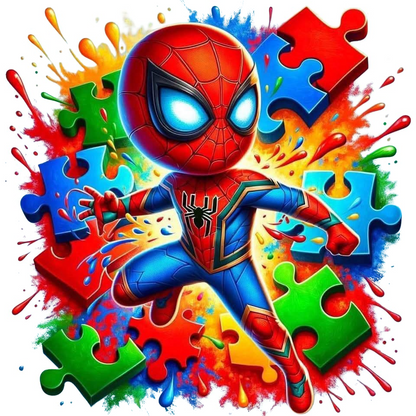 Spider Dude character surrounded by colorful puzzle pieces on a vibrant background