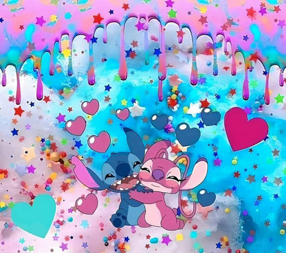 Cartoon characters hugging with colorful hearts and stars on a vibrant background