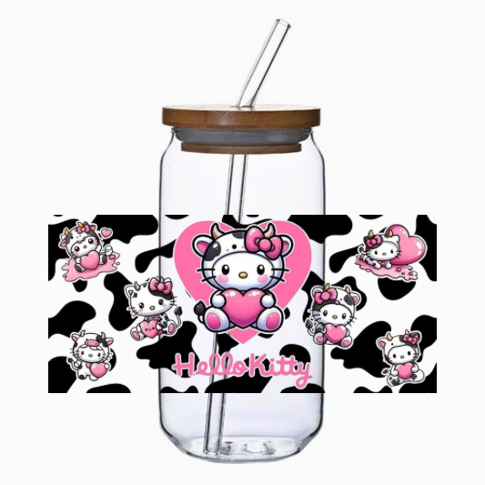 Clear glass jar with bamboo lid and straw, featuring Cow Kitty design on a white background