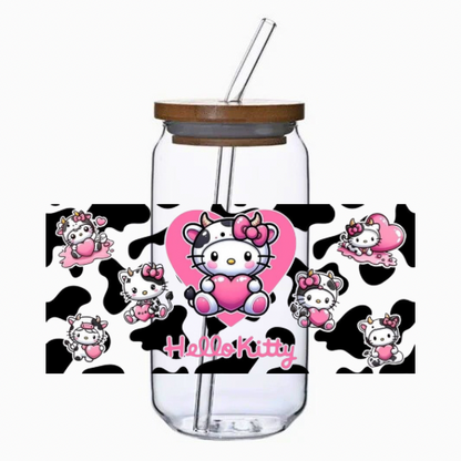 Clear glass jar with bamboo lid and straw, featuring Cow Kitty design on a white background