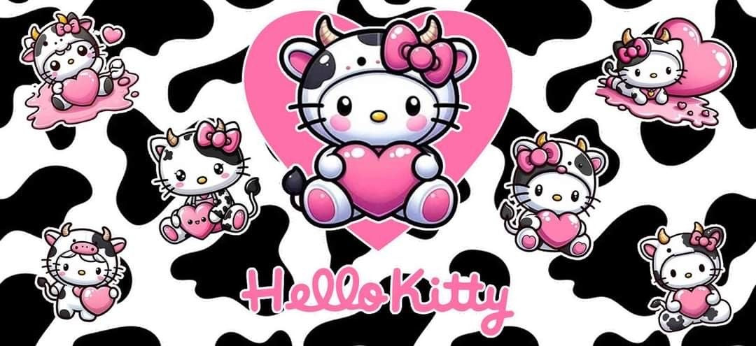 Cow Kitty character with a pink heart on a black and white patterned background