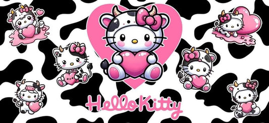 Cow Kitty character with a pink heart on a black and white patterned background
