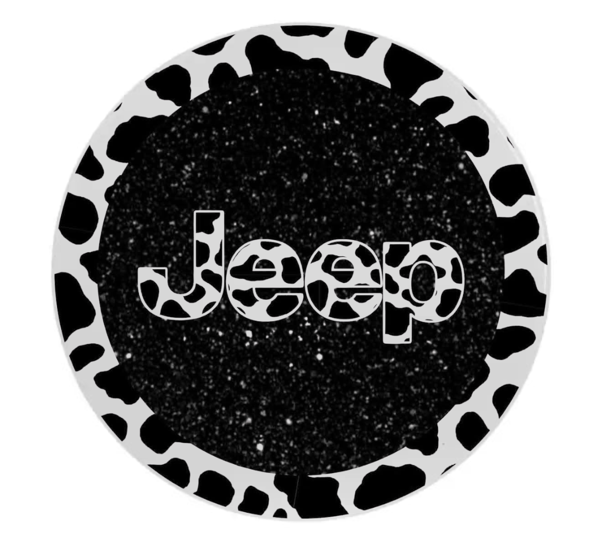 Round black glittery coaster with 'Jeep' text and black and white patterned border on a white background