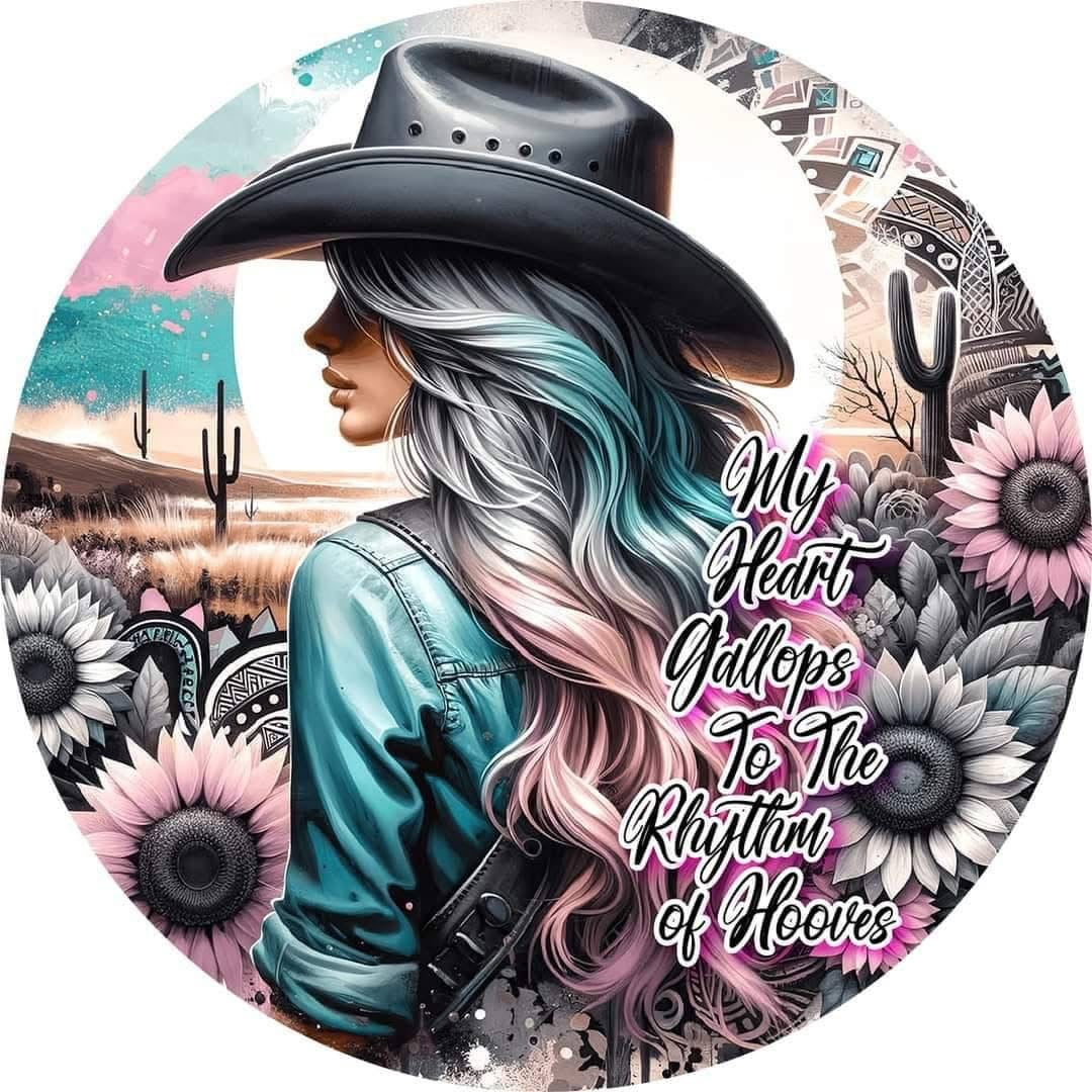 Circular design with a woman in a cowboy hat, desert landscape, and floral elements with text.