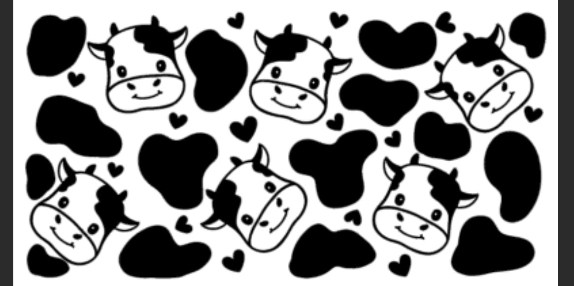 A black and white design of cow faces and hearts for a customized decal.