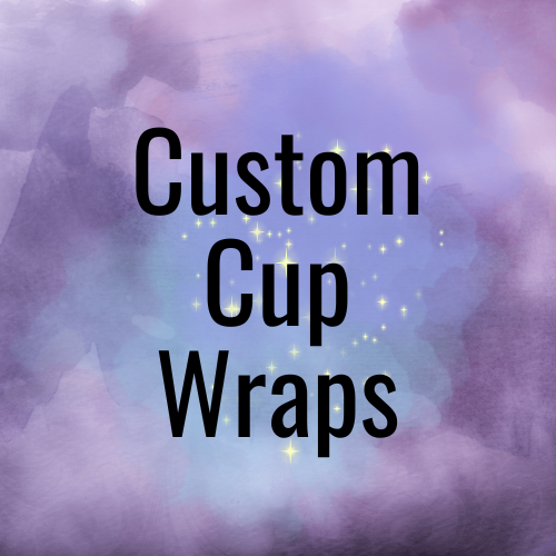 Text 'Custom Cup Wraps' on a colorful, abstract background