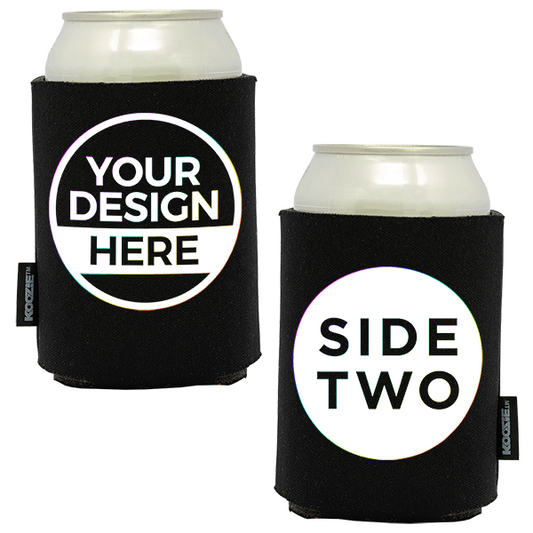 Two black coozies, one with a placeholder text 'YOUR DESIGN HERE' and another with the text 'SIDE TWO' displayed on the front.