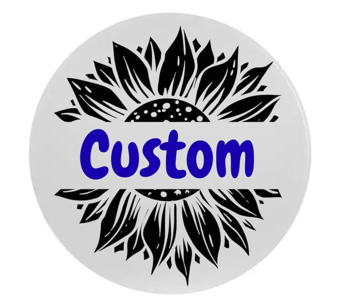 Circular design with black floral patterns and the word 'Custom' in blue center on a white background